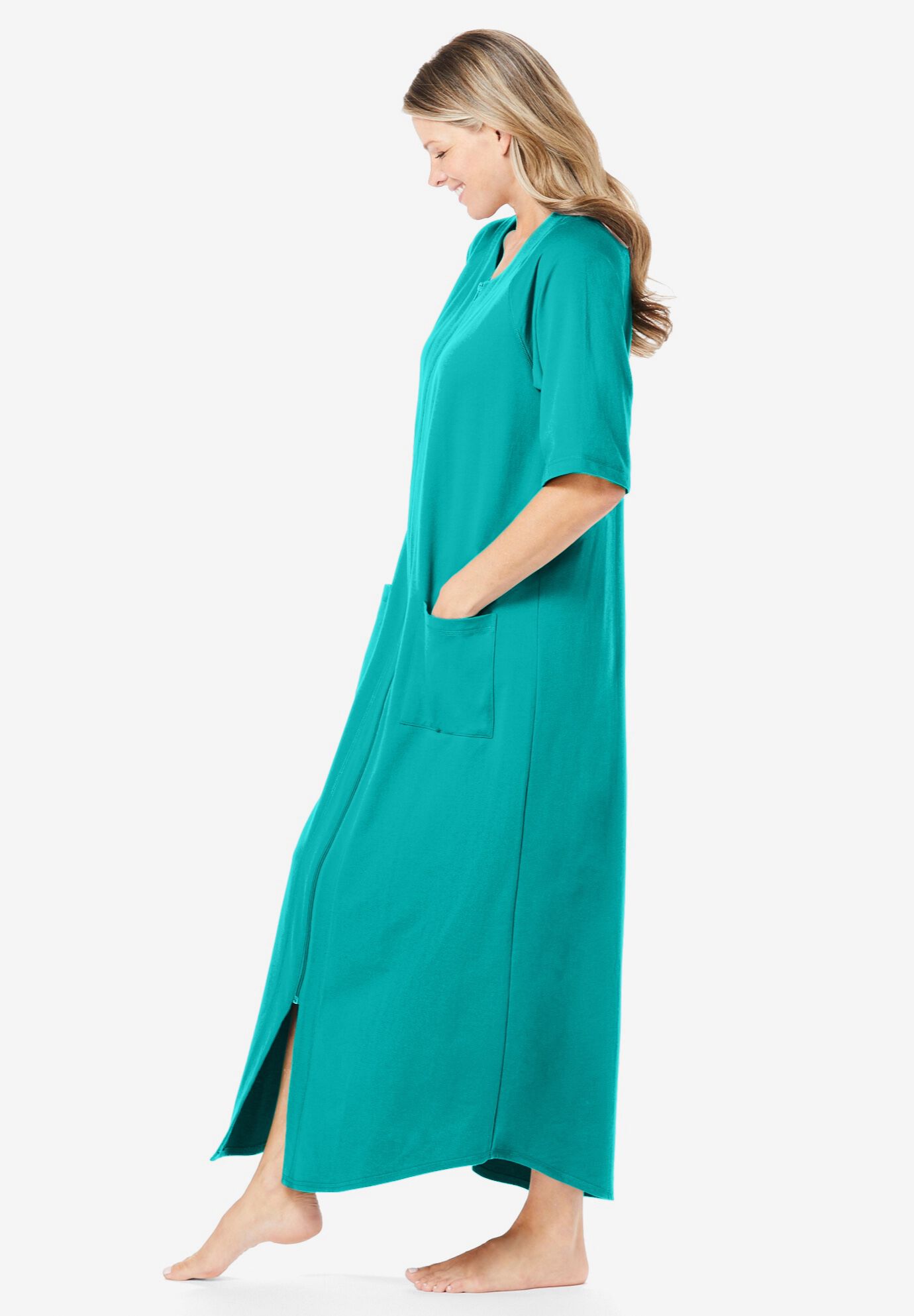 Long French Terry Zip-Front Robe, AQUAMARINE, alternate image number 2