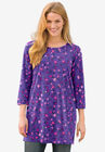 Perfect Printed Three-Quarter-Sleeve Scoop-Neck Tunic, PETAL PURPLE PRETTY FLORAL, hi-res image number 0