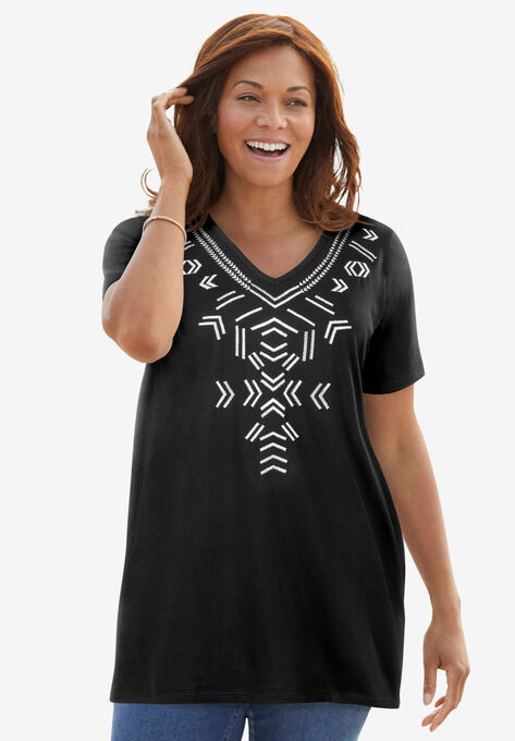 Embroidered V-Neck Tunic, BLACK GEO EMBROIDERY, hi-res image number null