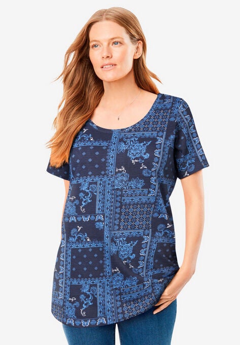 Perfect Printed Short-Sleeve Scoop-Neck Tee, NAVY PATCHWORK BANDANA, hi-res image number null