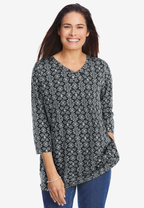 Perfect Printed Three-Quarter Sleeve V-Neck Tee, BLACK TONAL GEO, hi-res image number null