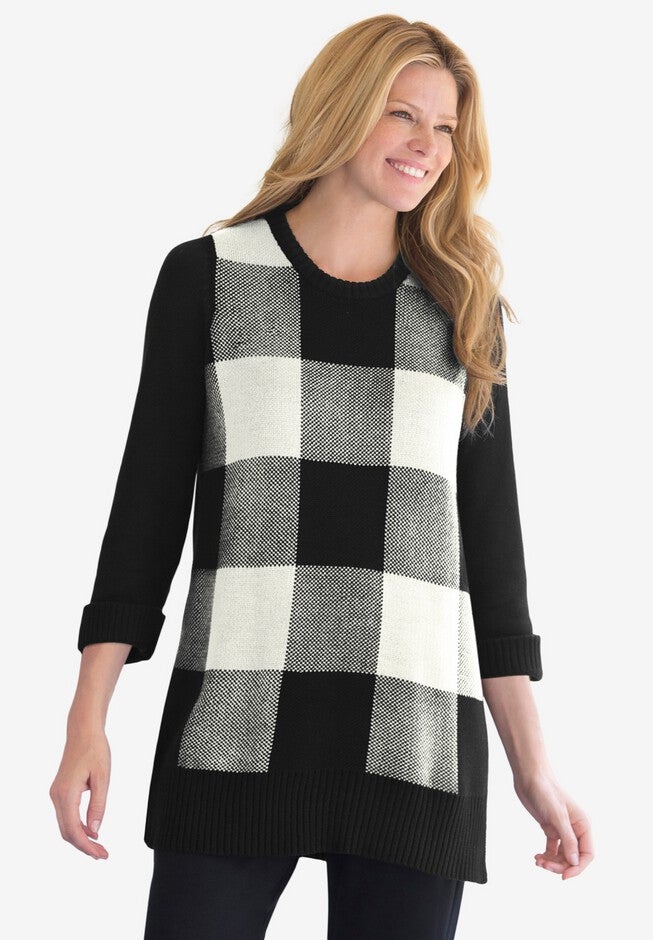 Buffalo Plaid Pullover Sweater, WHITE BLACK BUFFALO PLAID, hi-res image number null