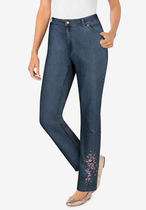 Straight Leg Stretch Jean, MEDIUM STONEWASH BLOOM EMBROIDERY, hi-res image number null