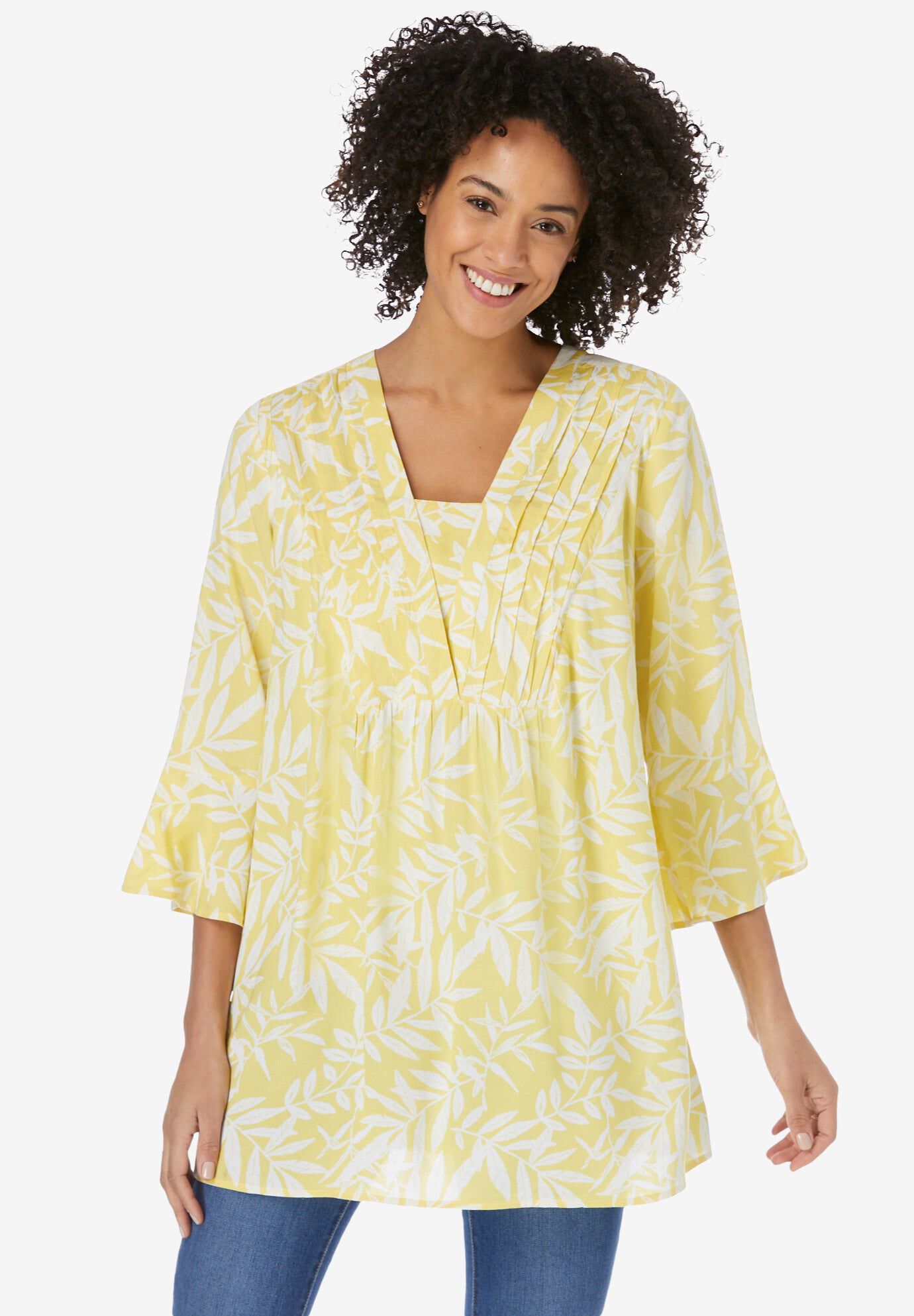 Bell-Sleeve V-Neck Tunic, PRIMROSE YELLOW LEAF, hi-res image number 0