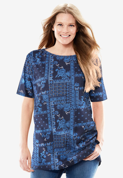 Perfect Printed Short-Sleeve Boat-Neck Tunic, NAVY PATCHWORK BANDANA, hi-res image number null