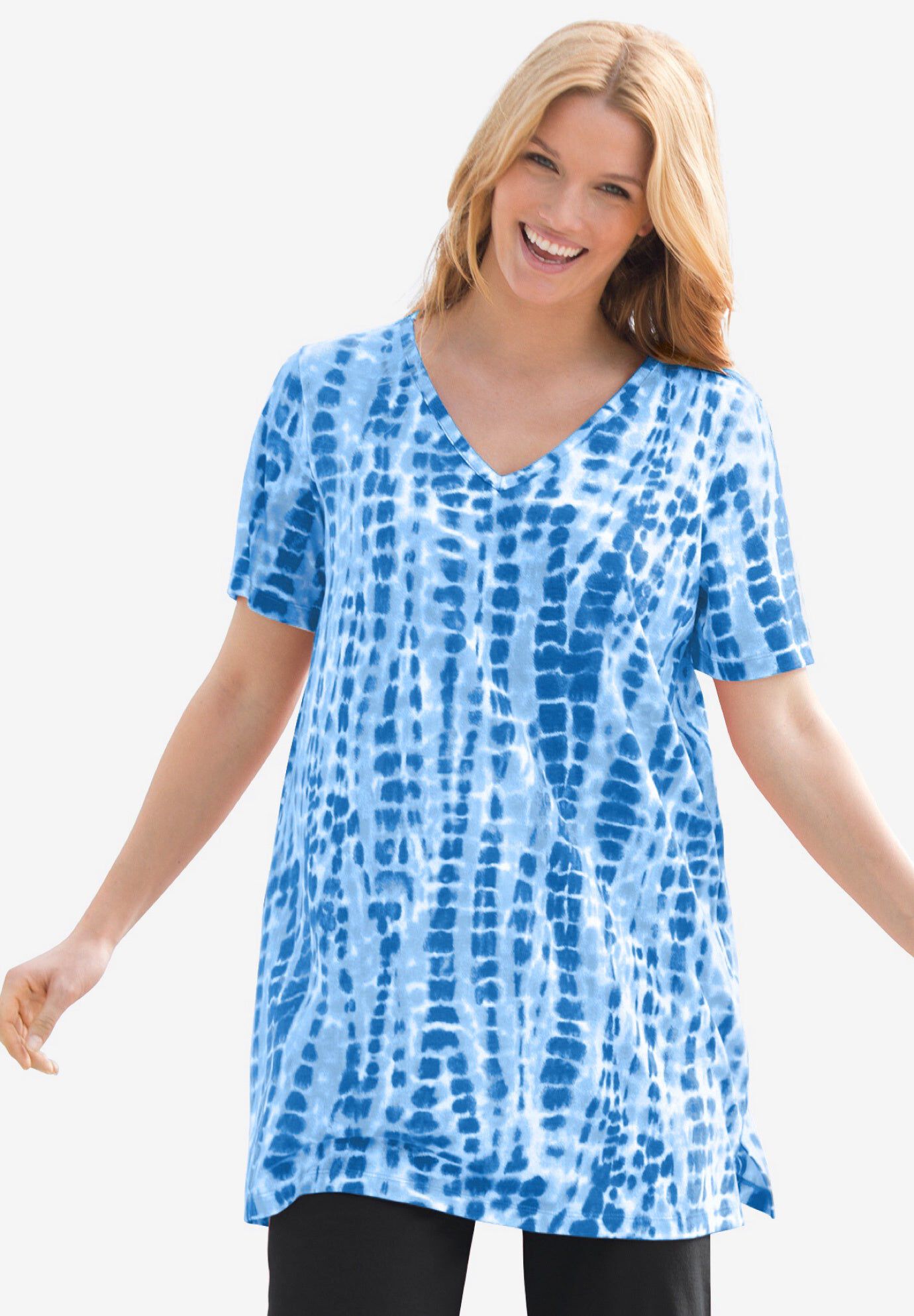 V-Neck Tie-Dye Tunic, BRIGHT COBALT TIE DYE, hi-res image number 0