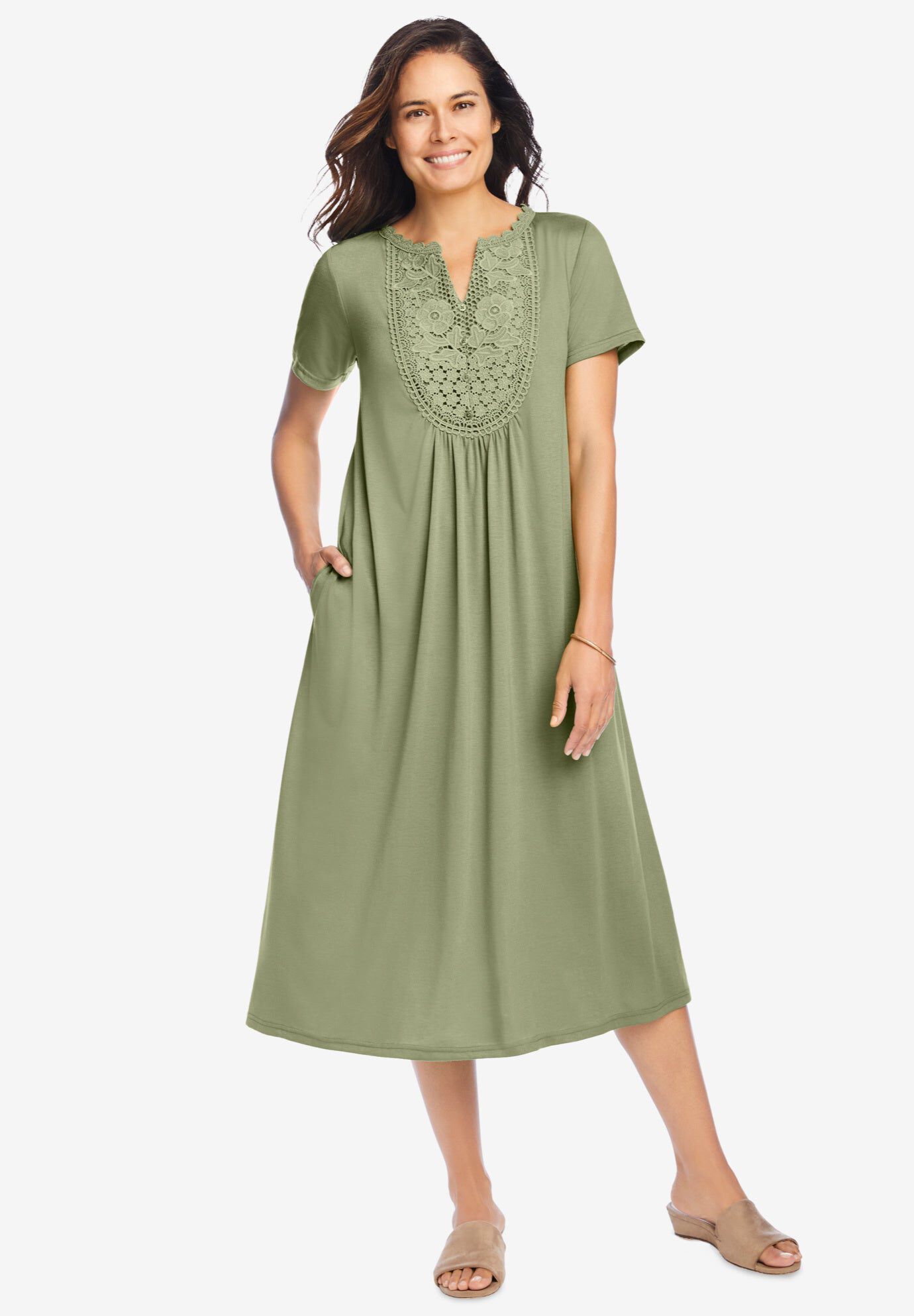 Embroidered Lace Bib Knit Dress, SAGE, hi-res image number 0