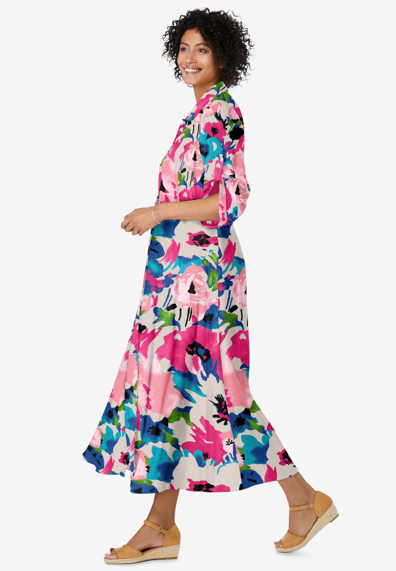 Roll-Tab Sleeve Crinkle Shirtdress, SWEET CORAL BLOOM, alternate image number 2