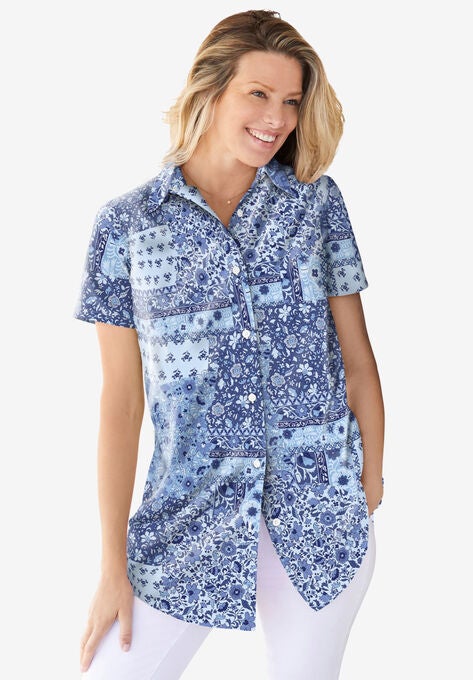 Perfect Short Sleeve Button Down Shirt, FRENCH BLUE PATCHED PAISLEY, hi-res image number null