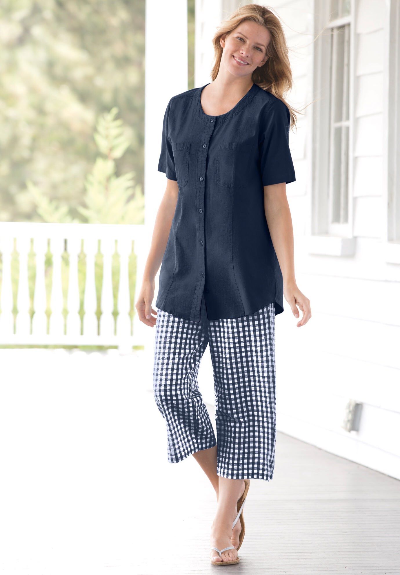 Seersucker Pull-On Elastic-Waist Capri Pants, NAVY GINGHAM, hi-res image number 0