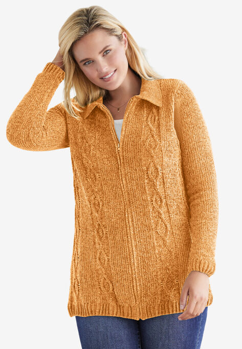 Chenille Zip Cable Cardigan, HONEY GLAZE, hi-res image number null