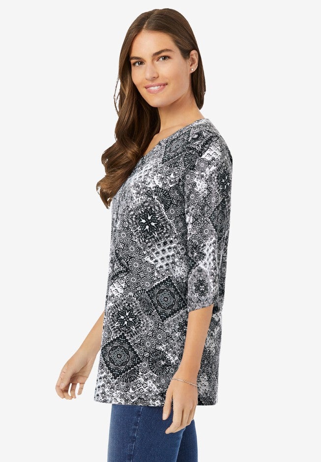 Henley Three-Quarter Sleeve Knit Tunic, , alternate image number null