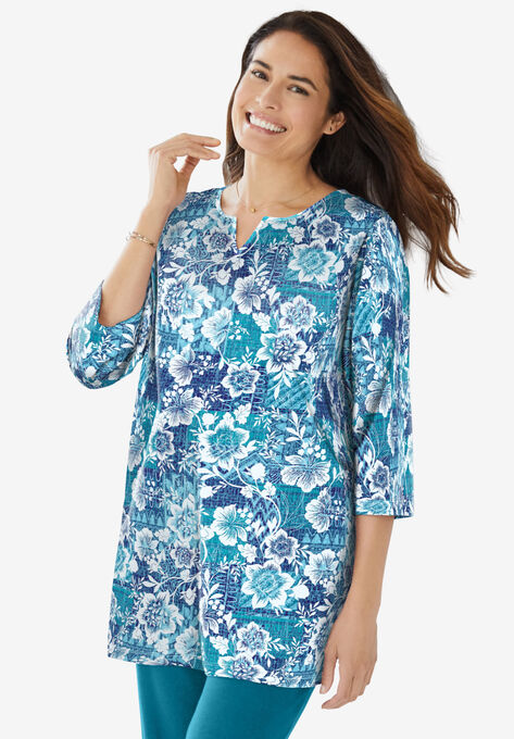 Three-Quarter Sleeve Notch-Neck Tunic, DEEP TEAL FLORAL PATCHWORK, hi-res image number null