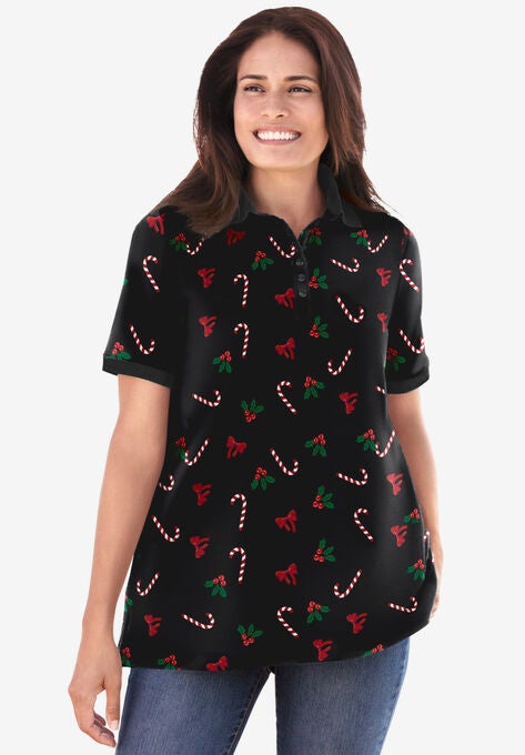 Perfect Printed Short-Sleeve Polo Shirt, BLACK MISTLETOE, hi-res image number null