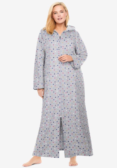 Hooded Fleece Robe , HEATHER GREY MULTI DOT, hi-res image number null