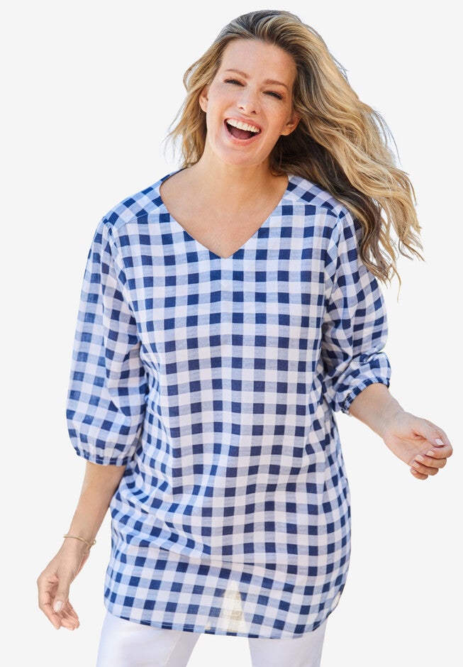 V-Neck Gingham Shirt., NAVY GINGHAM, hi-res image number null