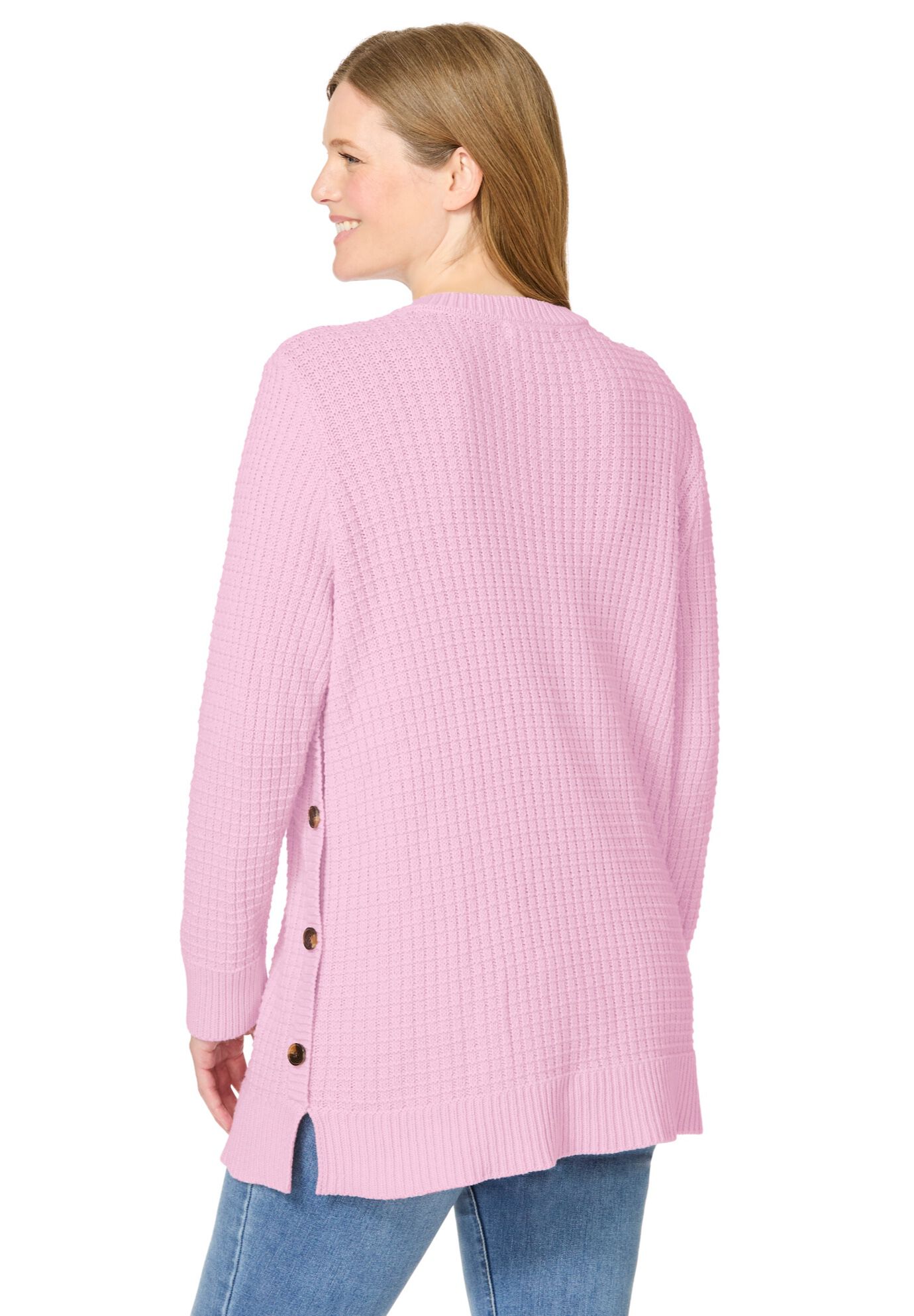 Side Button V-Neck Waffle Knit Sweater, PINK, alternate image number 2