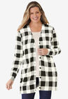 Longer-Length Cotton Cardigan, IVORY BUFFALO PLAID, hi-res image number null