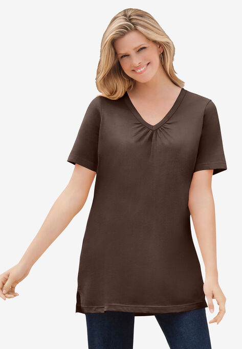 Perfect Short-Sleeve Shirred V-Neck Tunic, CHOCOLATE, hi-res image number null