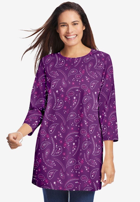 Perfect Three-Quarter Sleeve Crewneck Tunic, PLUM PURPLE FLORAL PAISLEY, hi-res image number null