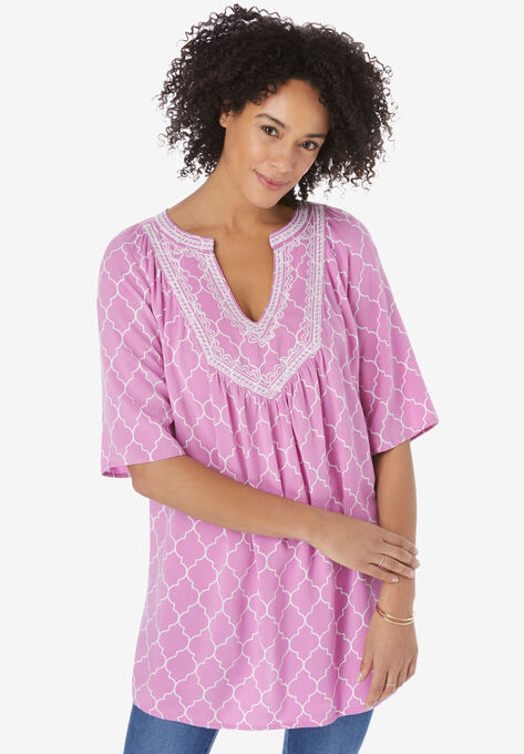 Elbow-Sleeve Notch Neck Tunic, PRETTY ORCHID PRETTY TRELLIS, hi-res image number null