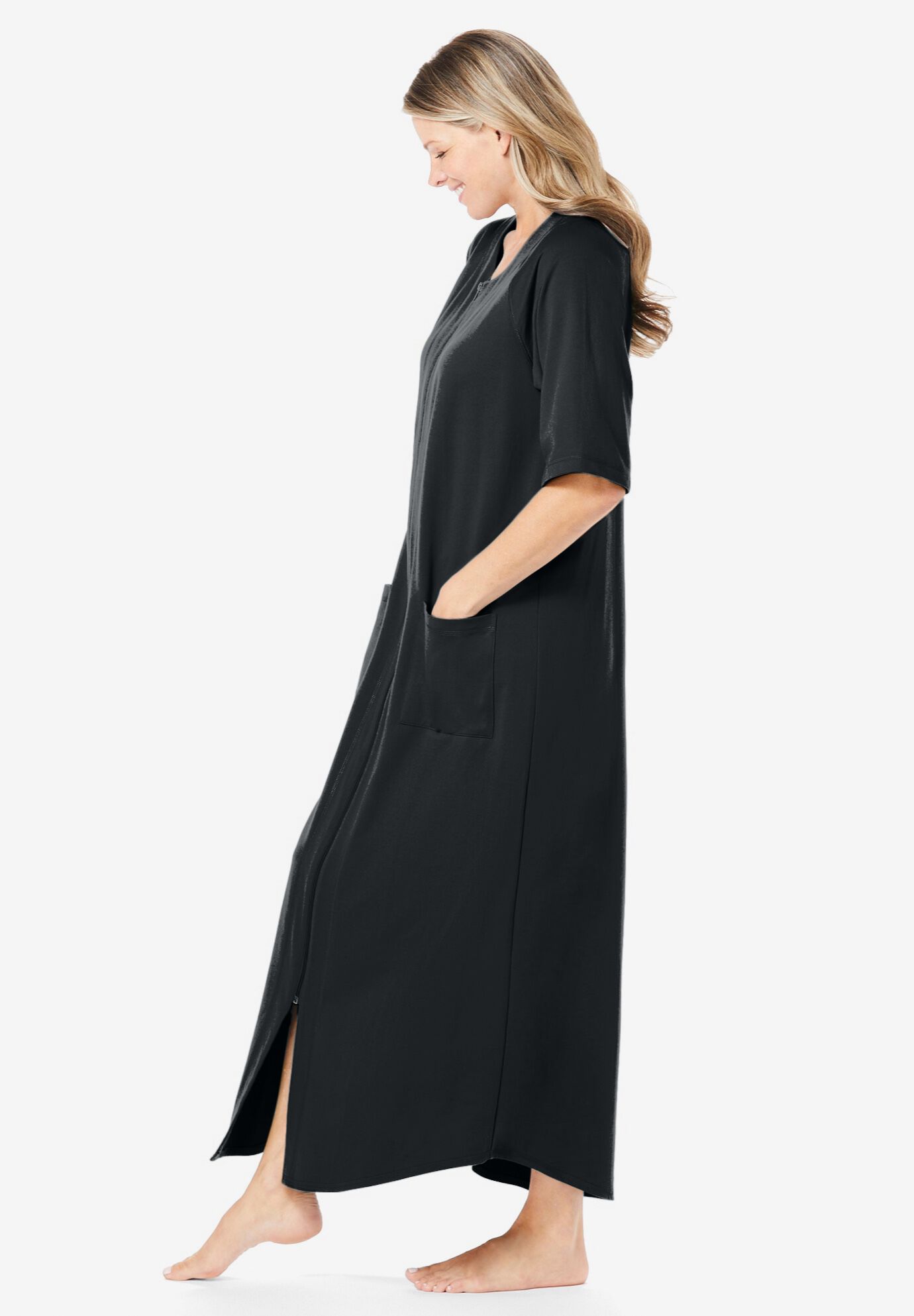 Long French Terry Zip-Front Robe, BLACK, alternate image number 2