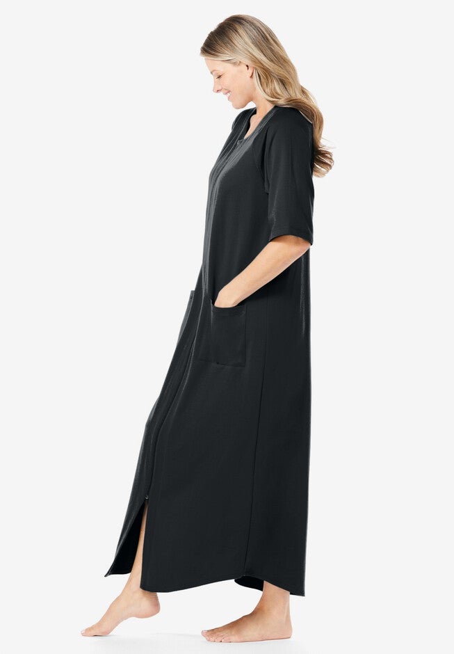 Long French Terry Zip-Front Robe, BLACK, alternate image number 2