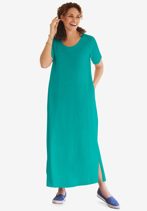 Short-Sleeve Scoopneck Jersey Maxi Dress, WATERFALL, hi-res image number null