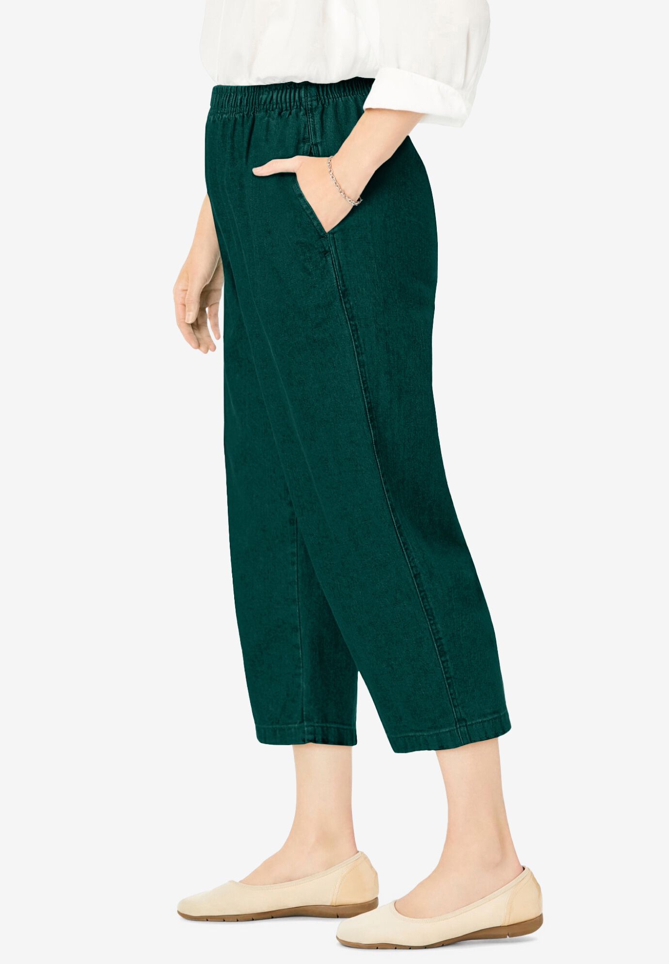 7-Day Elastic-Waist Pull-On Cotton Denim Capri Jeans, EMERALD GREEN, alternate image number 2