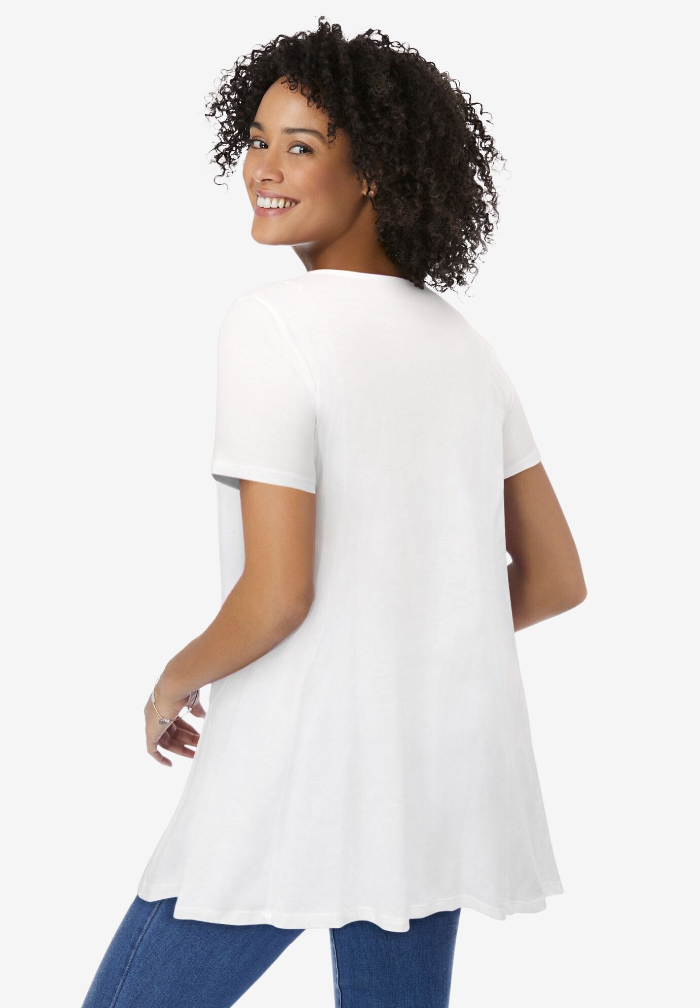 Rounded V-Neck Crochet Tunic, WHITE, on-hover image number 1