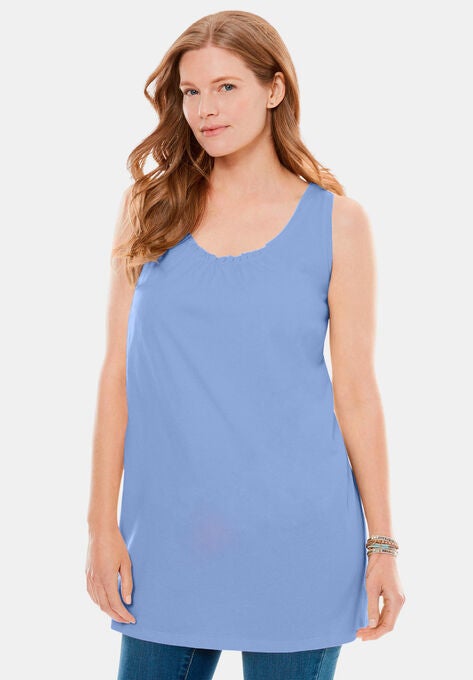 Perfect Sleeveless Shirred U-Neck Tunic, , alternate image number null