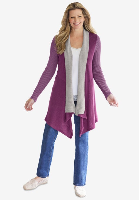 Color block Drape Duster Cardigan, PLUM PURPLE COLORBLOCK, hi-res image number null
