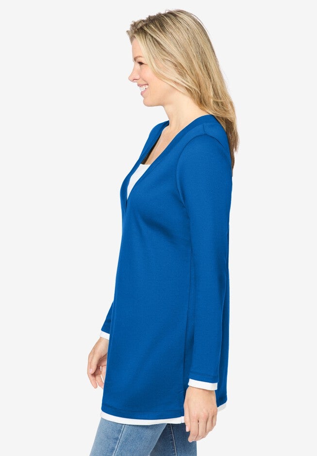 Long-Sleeve Layered-Look V-Neckline Tunic, , alternate image number 2