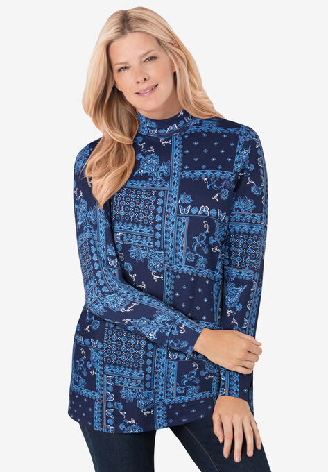 Perfect Printed Long-Sleeve Mock-Neck Tee, NAVY PATCHWORK BANDANA, hi-res image number null