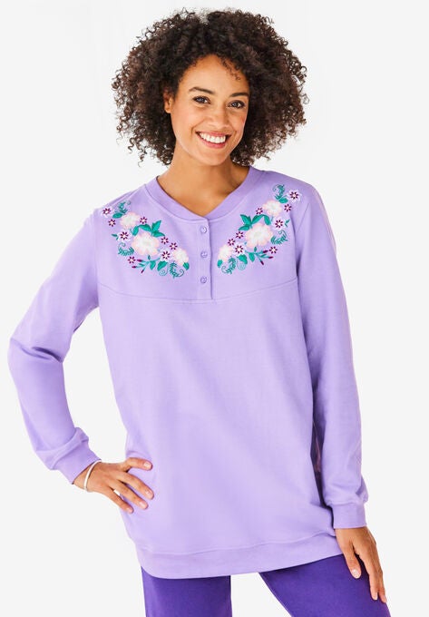 Embroidered Henley Sweatshirt, SOFT IRIS EMBROIDERY, hi-res image number null