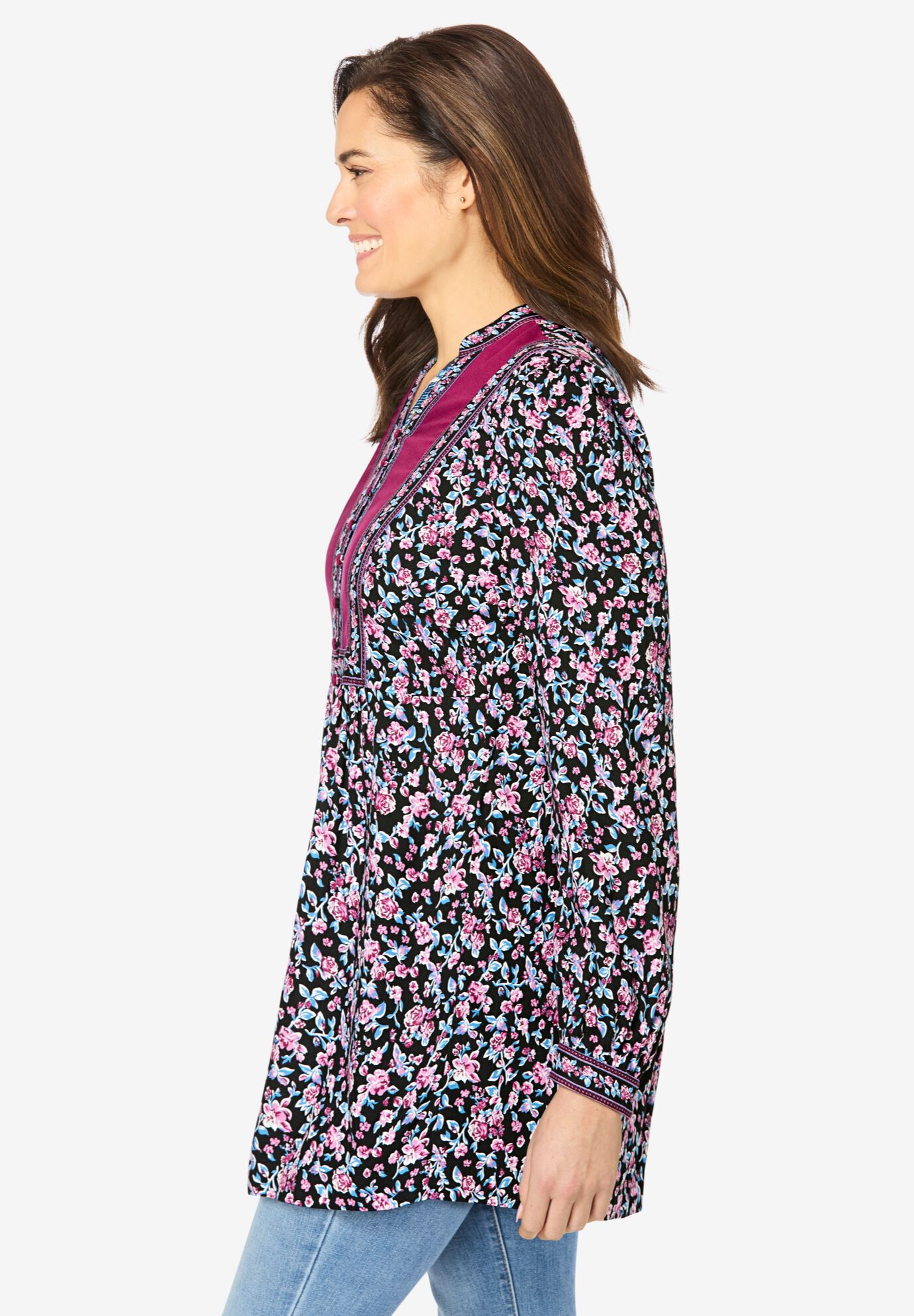 Button-Front Mixed Print Tunic, BLACK ROSE GARDEN, alternate image number 2