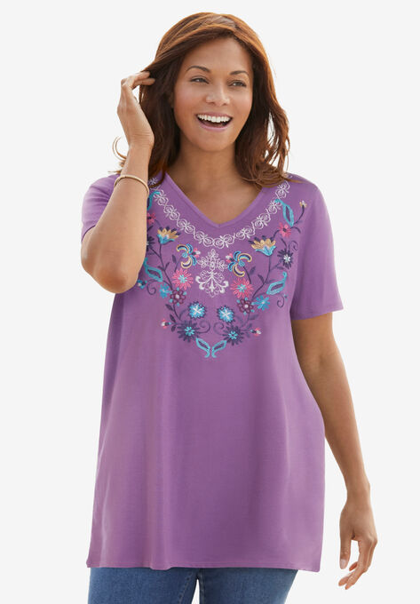 Embroidered V-Neck Tunic, PRETTY VIOLET FLORAL EMBROIDERY, hi-res image number null
