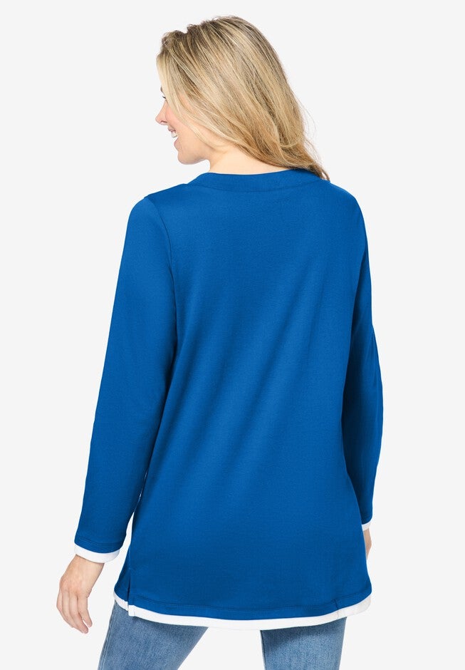Long-Sleeve Layered-Look V-Neckline Tunic, , on-hover image number 1