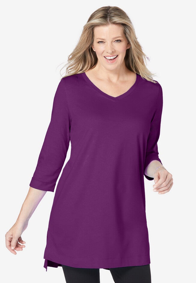 Longer Length Three-Quarter Sleeve V-Neck Tunic, PLUM PURPLE, hi-res image number null