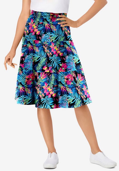 Jersey Knit Tiered Skirt, BLACK MULTI TROPICANA, hi-res image number null