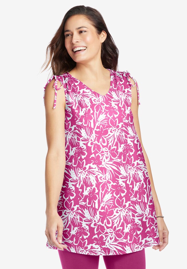 Ruched-Shoulder V-Neck Tunic Tank, , alternate image number null