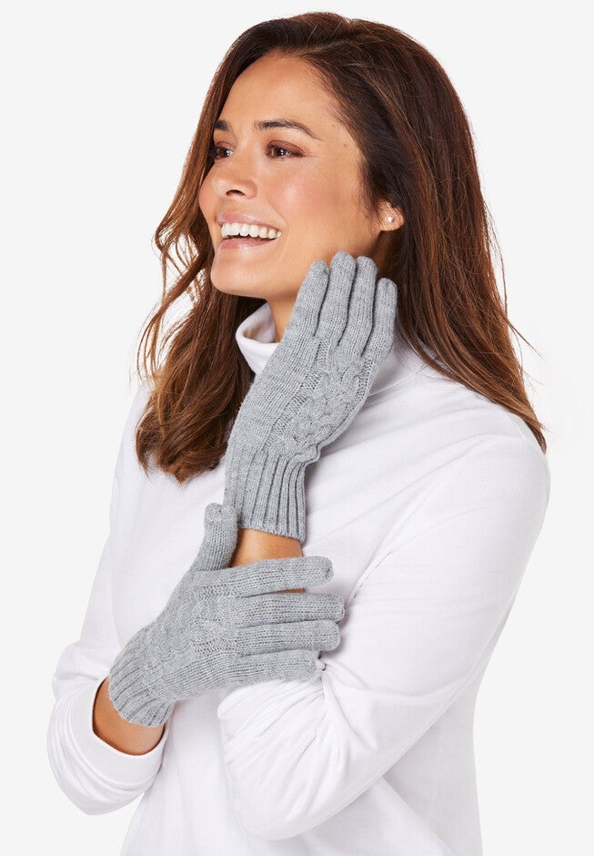 Cable Knit Gloves, HEATHER GREY, hi-res image number 0