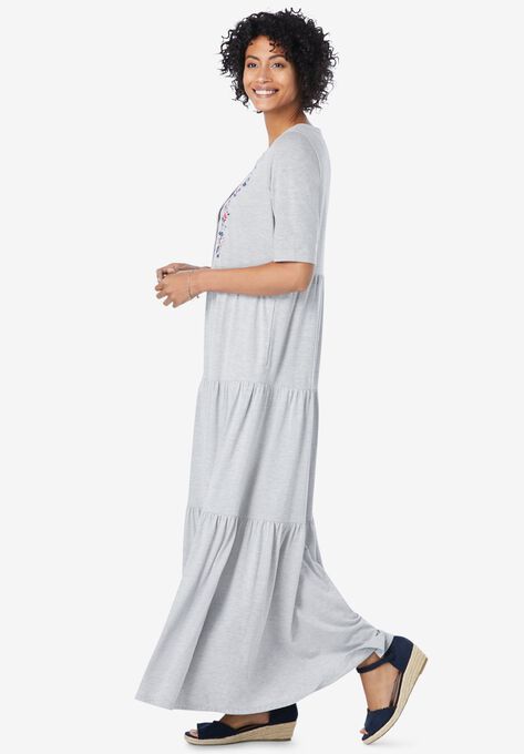 Elbow-Sleeve Tiered Henley Dress, , alternate image number null