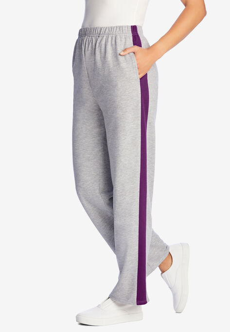 Side Stripe Cotton French Terry Straight-Leg Pant, HEATHER GREY PLUM PURPLE, hi-res image number null