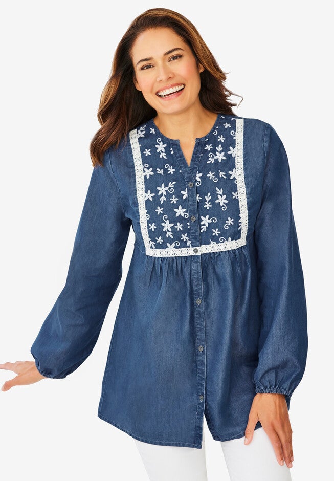 Embroidered Denim Peasant Tunic, MEDIUM STONEWASH EMBROIDERY, hi-res image number 0