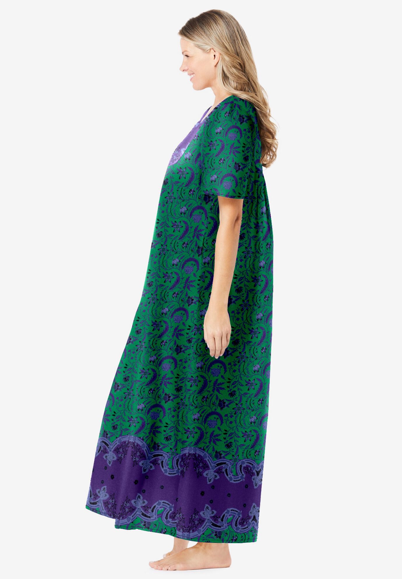 Bib-Front Short Sleeve Maxi Lounger, KELLY GREEN FOLK FLORAL, alternate image number 2
