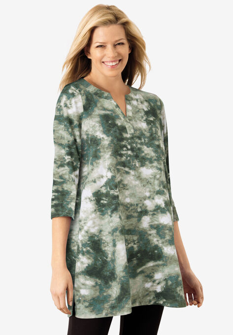 Three-Quarter Sleeve Notch-Neck Tunic, PINE PRETTY TIE DYE, hi-res image number null