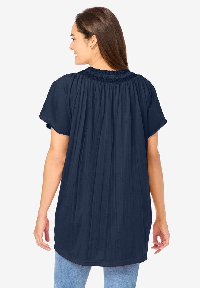 Short-Sleeve V-Neck Crinkle Tunic, NAVY, on-hover image number 1