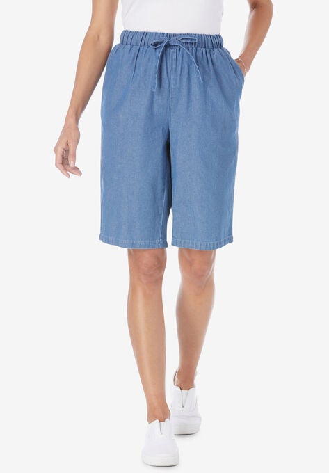 Chambray Drawstring Shorts, LIGHT WASH, hi-res image number null
