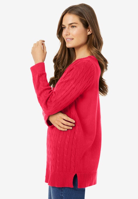 Cable Knit V-Neck Pullover Sweater, , alternate image number null
